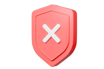 Obraz premium 3d Realistic Shield unprotected with cross mark icon. Unprotection, Unapproved, Un security unsafe concept. Minimal blue and white shield verified badge icon isolated on red background. 3d rendering.
