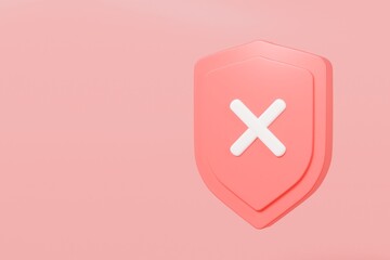Obraz premium 3d Realistic Shield unprotected with cross mark icon. Unprotection, Unapproved, Un security unsafe concept. Minimal blue and white shield verified badge icon isolated on red background. 3d rendering.