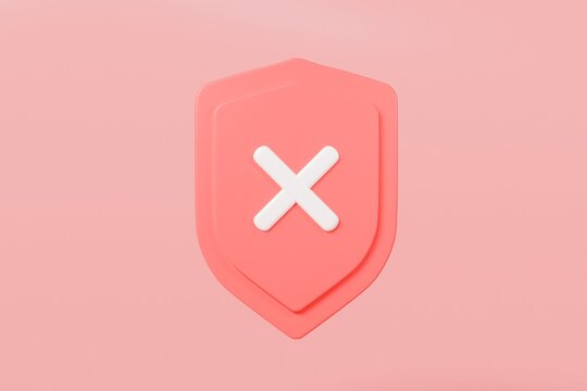 3d Realistic Shield unprotected with cross mark icon. Unprotection, Unapproved, Un security unsafe concept. Minimal blue and white shield verified badge icon isolated on red background. 3d rendering.