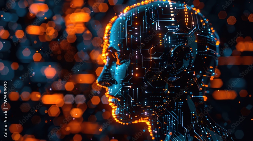 Wall mural a computer generated image of a human head with a face made of circuits. the image has a futuristic 