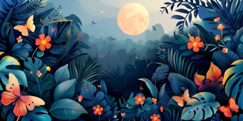 Fotobehang Tropical wallpaper background with plants and birds, generative ai © Chaman