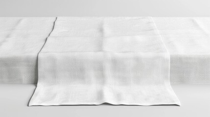 A white cloth is laying on a table. The cloth is folded in a way that it looks like a piece of cloth is being pulled out of a bag