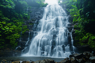 A majestic waterfall cascading down a rocky cliff surrounded by lush greenery, creating a misty aura around it