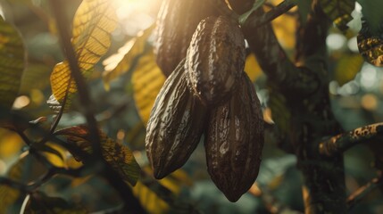 Three brown cocoa beans hanging from a tree. The leaves are green and the sun is shining on them