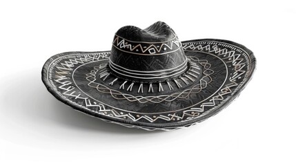 A black hat with white designs on it. The hat has a unique design and is a good example of a traditional Mexican hat