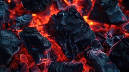 A pile of charcoal with glowing embers. The charcoal is black and the embers are red, creating a contrast between the two colors. Concept of warmth and coziness