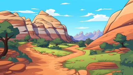 Vibrant cartoon landscape with red rock formations, lush greenery, and a winding path