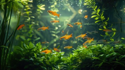 A group of orange fish swimming in a green aquarium. The fish are swimming in a lush green environment, surrounded by plants and leaves. The scene is peaceful and serene