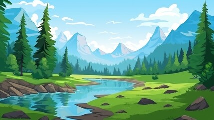 cartoon nature scene with vibrant landscape, towering trees, and tranquil lake reflecting the sky