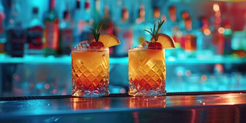 Two drinks on a bar counter with a blue background. The drinks are garnished with fruit and are in...