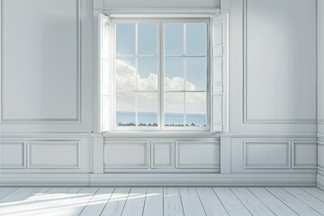 A large window in a white room with a view of the ocean. The room is empty and has a clean, minimalist look