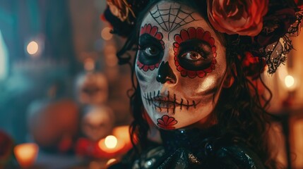 A woman with a skeleton face and a flower headdress. She is wearing a black dress and has red and white makeup - obrazy, fototapety, plakaty
