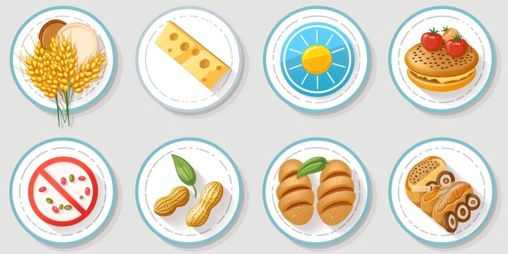 A collection of food items on plates, including bread, cheese, and fruit. The plates are white and blue, and the food items are arranged in a visually appealing manner. Scene is healthy and nutritious