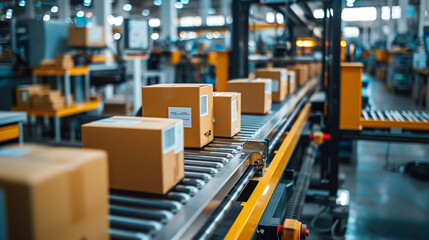 Naklejka premium Shipping boxes on conveyor belt inside factory.