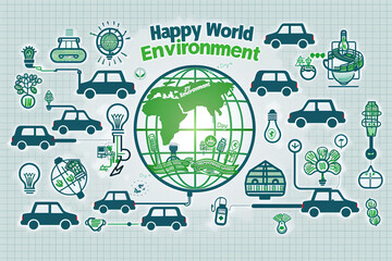 A "Happy World Environment Day" card with a vector pattern of green energy symbols, like electric cars and light bulbs, forming a globe, on a technology-inspired, grid-lined silver background