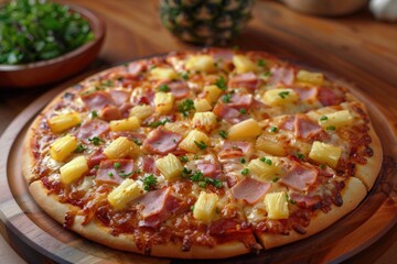 A Hawaiian pizza with ham and pineapple toppings. The pizza is on a wooden board and is placed on a table