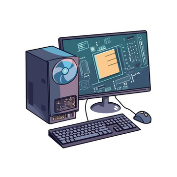 Computer screen and cpu cartoon vector illustration