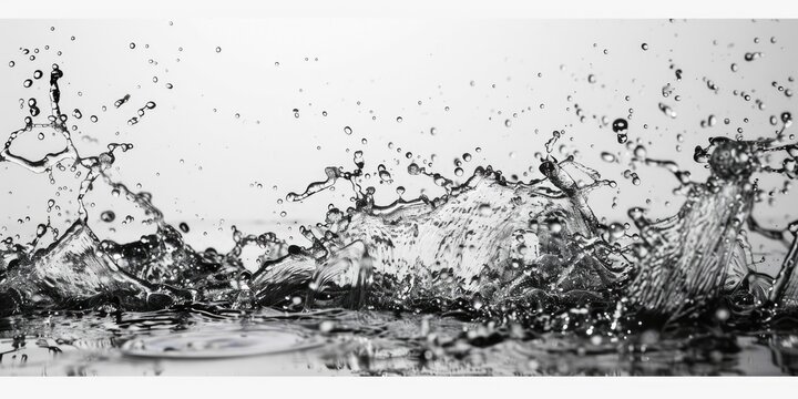 A splash of water is captured in a black and white photo. The image is of a large body of water with a splash of water in the foreground
