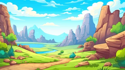 Meubelstickers Vibrant cartoon landscape with cliffs, river, and pastel sky © chesleatsz