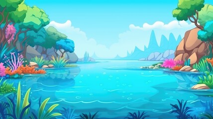 Fototapeta na wymiar cartoon background Colorful aquatic scene with corals and rocks under a sunlit sky