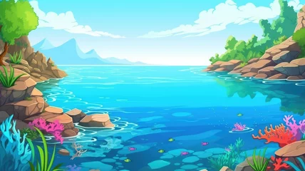  cartoon background Colorful aquatic scene with corals and rocks under a sunlit sky © chesleatsz