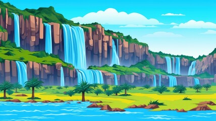 cartoon valley with waterfalls, cliffs, and lush greenery