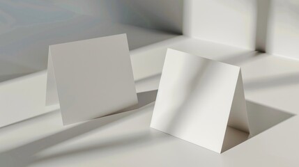 Two white cards are sitting on a table, one of which is folded in half. The cards are empty and appear to be blank, suggesting that they may be used for writing messages or notes. The scene is simple