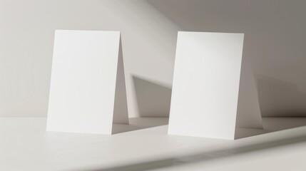 Two white cards are sitting on a table. The cards are square and have a white border. The cards are empty and have no writing on them