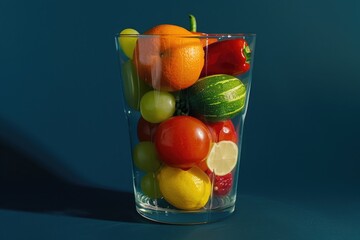A glass filled with a variety of fruits and vegetables. The glass is half full and the fruits and vegetables are arranged in a way that they look like they are in a bowl