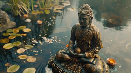 A statue of a Buddha is sitting on a rock in a pond. The statue is surrounded by water lilies and other plants. The scene is peaceful and serene, with the statue representing a sense of calm