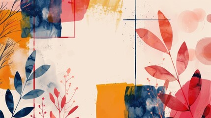 A colorful painting of leaves and flowers with a white background. The painting is abstract and has a lot of different colors and shapes. The mood of the painting is bright and cheerful