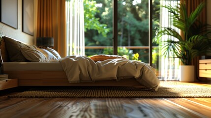 A bedroom with a wooden bed, a plant, and a window. The room is bright and inviting, with a sense of warmth and comfort