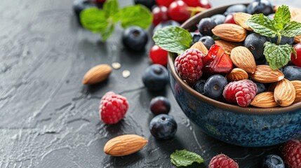 A bowl of mixed fruit and nuts on a counter. The bowl is blue and filled with blueberries, raspberries, and almonds. The fruit and nuts are arranged in a way that makes them look fresh and inviting