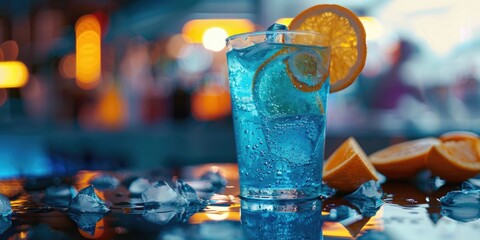 A blue drink with a slice of orange on top. The drink is served in a clear glass