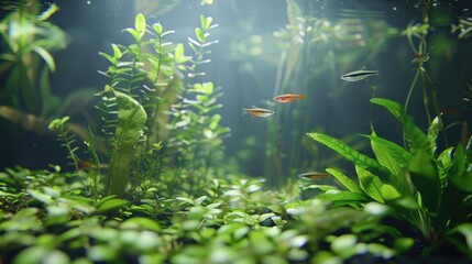 Fototapeta na wymiar A group of fish swimming in a tank with plants