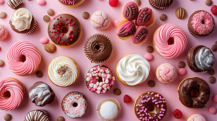 Flat lay of sweets, candy, cupcakes, and desserts on pink background.