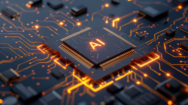 A computer chip with the letters AI on it. The chip is orange and black. The image has a futuristic feel to it