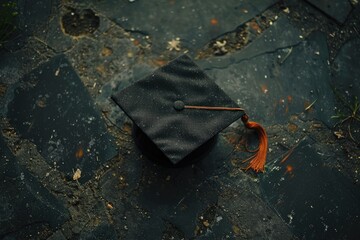 A black graduation cap with a gold tassel sits on a stone floor. The cap is tilted to the side, and the tassel is hanging down. Concept of accomplishment and pride