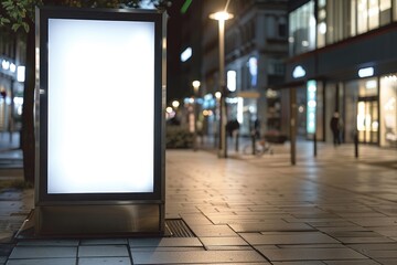 A large white billboard sits on a city sidewalk. The billboard is empty, with no text or images on it. The scene is set at night, with a few people walking by and a bicycle parked nearby