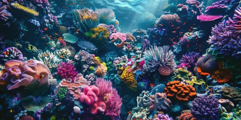 Fototapeta na wymiar A colorful coral reef with many different types of fish and plants. Concept of wonder and awe at the beauty of the underwater world