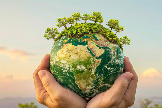 A globe cradled in human hands, with miniature green trees growing across its surface