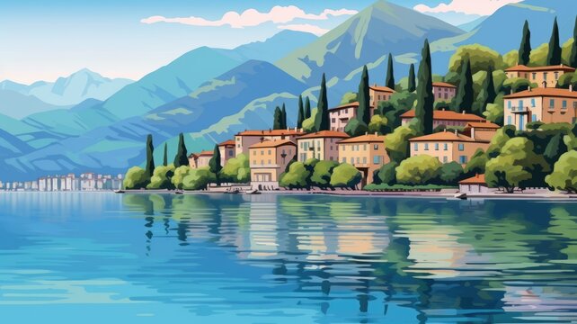 cartoon lakeside town amid greenery with mountain backdrop, reflecting tranquility