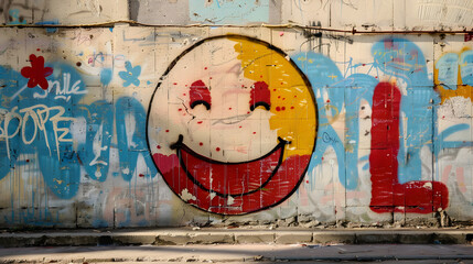 Street art, city, big smiley graffiti on the wall.