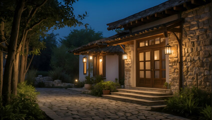 Obraz premium The Gentle Breeze Brings The Fragrance Of Blooming Flowers And Fresh Leaves, Adding To The Natural Beauty Surrounding The Traditional House At Night 