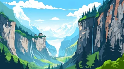  cartoon landscape with cliffs, greenery, and a house overlooking a valley © chesleatsz