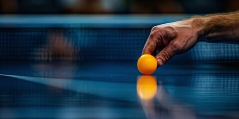 Hand of a table tennis player about to hit a ping pong ball, capturing the precision and timing required in the sport.