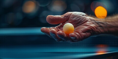 Hand of a table tennis player about to hit a ping pong ball, capturing the precision and timing required in the sport. - Powered by Adobe