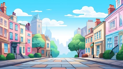 Colorful cartoon serene cityscape with charming buildings and lush trees