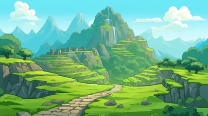 cartoon landscape with green terrains, ancient ruins, and lush forests © chesleatsz