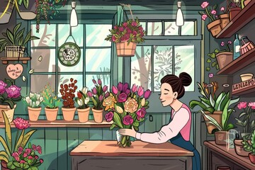 Cartoon cute doodles of a florist arranging a bouquet of colorful flowers in a quaint little shop, Generative AI